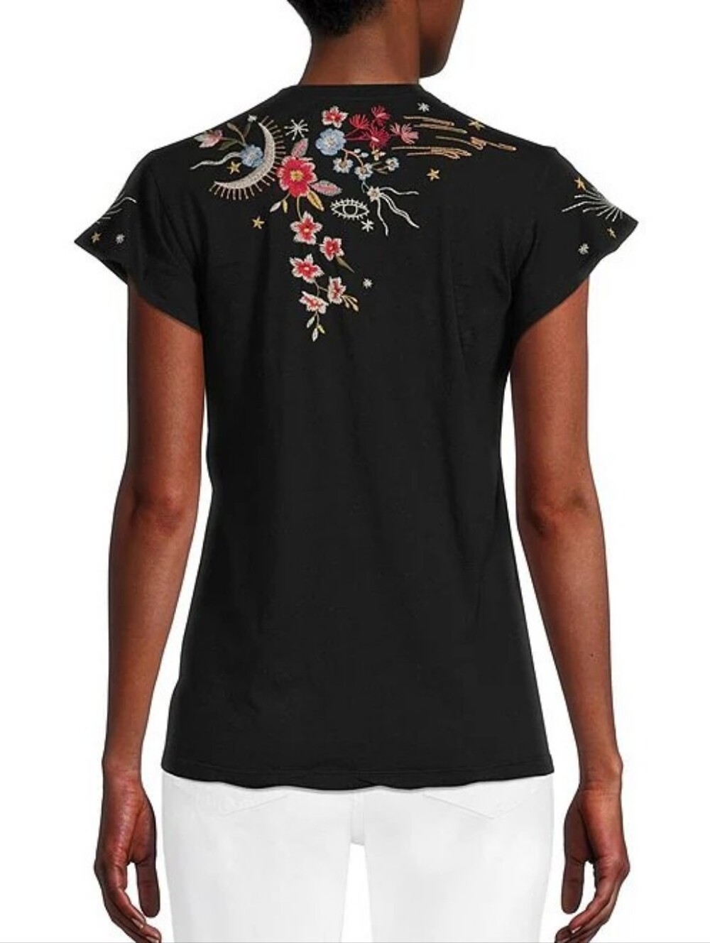 JOHNNY WAS Lissa Embroidered Floral Cotton Knit Jersey V-Neck Flutter Sleeve Top - Picture 2 of 10